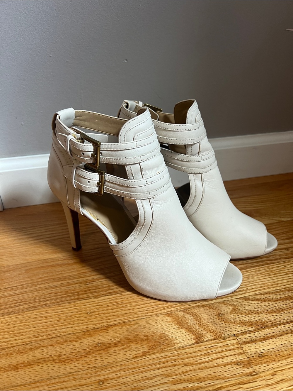 Michael by Michael Kors White Peep-Toe Buckle Ankle Heels